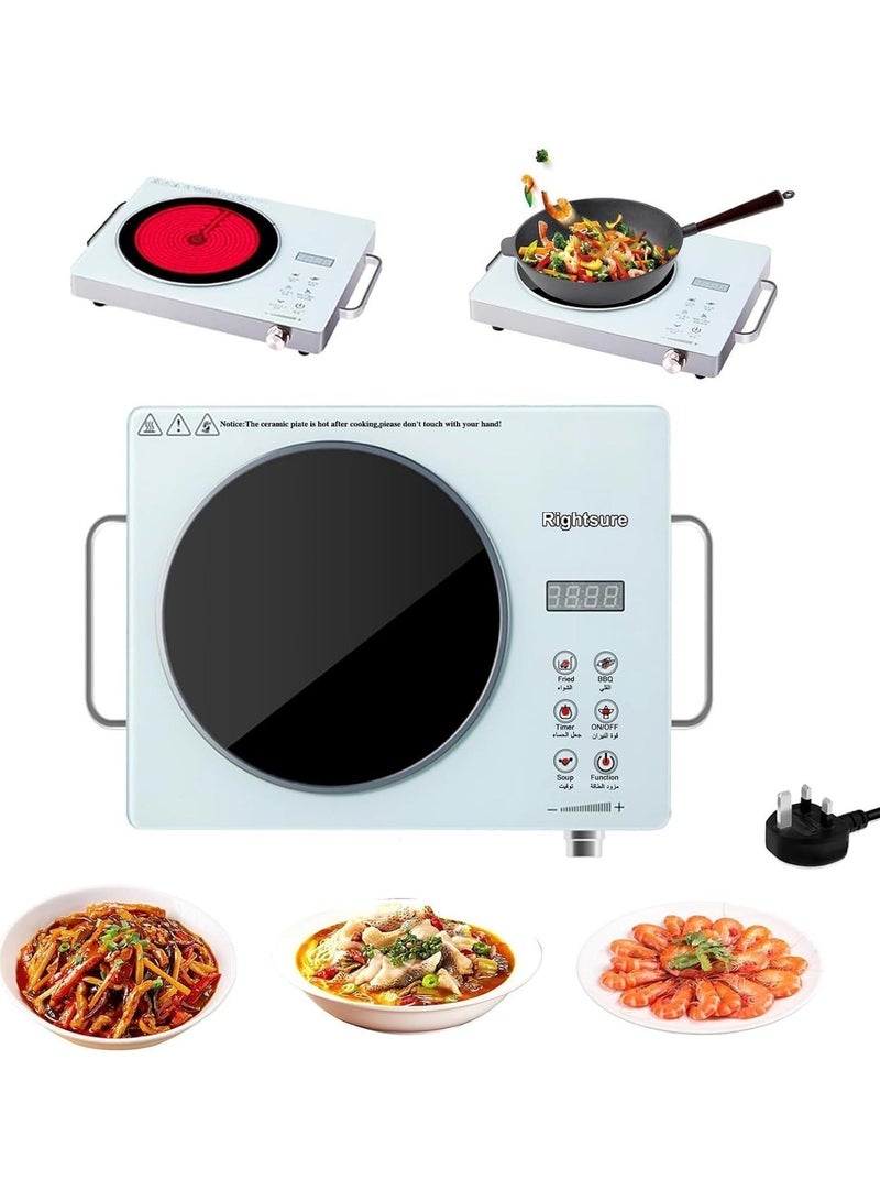 رايتشر موقد يعمل بالأشعة تحت الحمراء، عنصر تسخين سيراميكي بقوة 2200 واط، موقد كهربائي بسطح زجاجي مزدوج الكريستال وموقد واحد، مزود بلوحة تحكم تعمل باللمس قابلة لضبط درجة الحرارة بالأرقام العربية ووظيفة حماية من السخونة الزائدة (لون أبيض) - Image 1